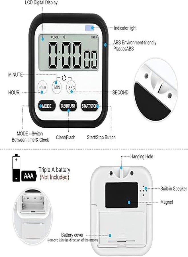 KRIVTEJ Stopwatch Timer for Study Kitchen Timer Large LCD Screen 24hr Digital Display Magnetic Retractable Stand Loud Alarm Stop Watch Countdown Flashing Light Study Timer for Students Cooking (Black) - Image 5